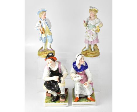 A pair of late 19th century Staffordshire figures, lady pouring beer, man polishing shoes, each seated on a grassy stylised s