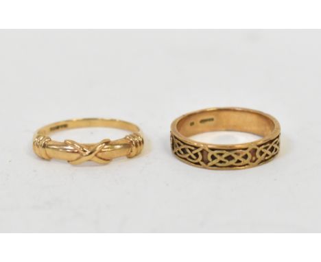 Two 9ct gold rings, one with a Celtic band design, size M, the other with a central 'X' flanked with triple band design, size