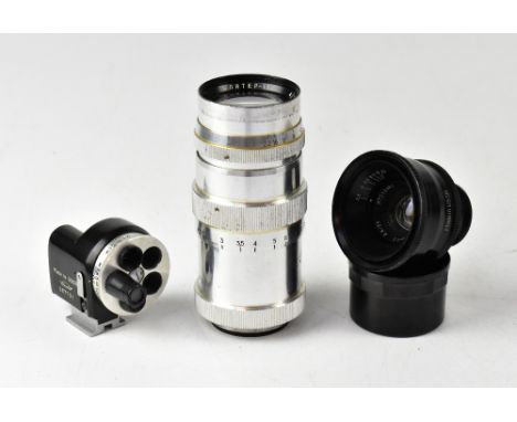 A small group of Soviet camera accessories comprising a KMZ Jupiter 11 4/135 lens, a KMZ Jupiter 12 2.8/35 lens and a KMZ adj