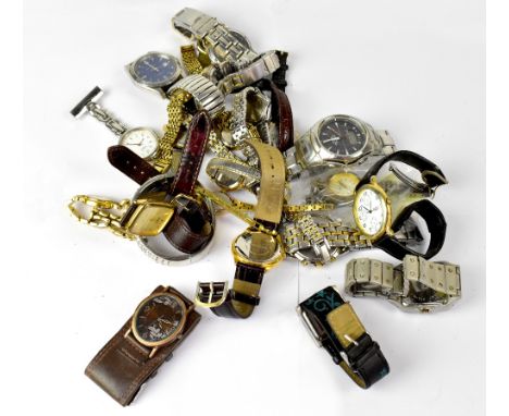 A quantity of ladies' and gentlemen's wristwatches including a yellow metal Accurist watch on a bark-effect bracelet strap, a