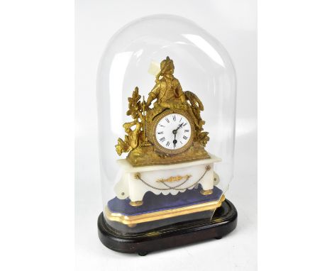 A gilt brass and alabaster figural mantel clock, with a young man sitting above the movement, the white enamel dial set with 