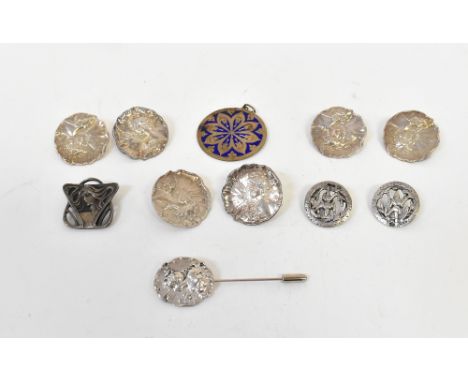 A set of six late Victorian hallmarked silver Art Nouveau buttons, flower head design with embossed bust of a lady, with flor