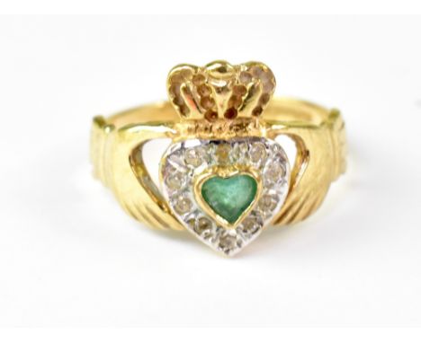 A 9ct yellow gold ring set with heart-shaped emerald and tiny diamonds, size K, approx 2.6g.