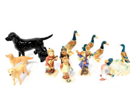 BESWICK; various ceramic figures to include black gloss Labrador, black gloss Scottie, five mallards, mallard ashtray, two sm