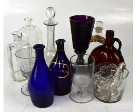 A small quantity of glass including two Bristol blue glass decanters, one with gilt painted label inscribed 'Hollands', two r