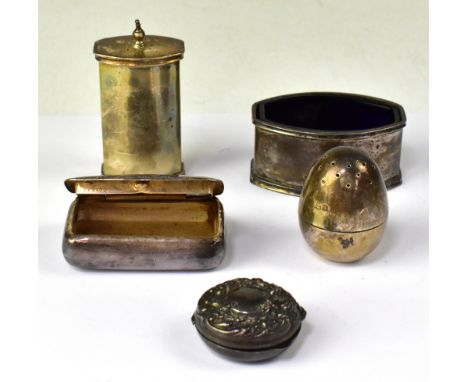 Two hallmarked silver picnic pepperettes, one of tall cylindrical form, height 5.2cm, the other egg-shaped, height 3.5cm, a s