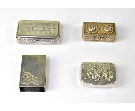 A George IV hallmarked silver snuff box of rectangular form, Birmingham 1825, length 5.5cm, an Art Nouveau decorated matchbox