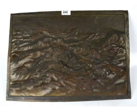 A 19th century embossed copper plaque depicting stormy seas with three figures on a life raft to the foreground signalling a 