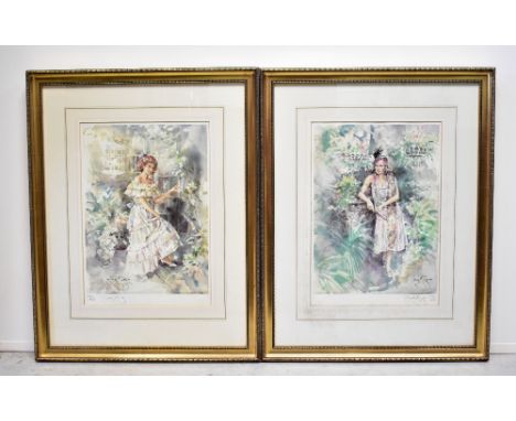 GORDON KING; two prints, 'Lavender Blue', depicting ladies in an orangery/conservatory with floral displays, both no.172/475,