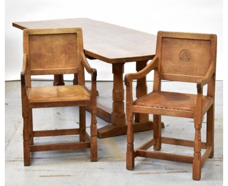 ROBERT 'MOUSEMAN' THOMPSON (1876-1955); an oak dining suite comprising hand adzed refectory table, 71 x 214 x 82cm and a set 