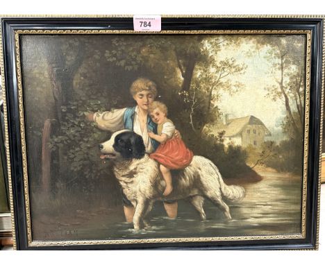 Bastian, rural scene with children and dog playing, oil on board, signed, 30x41cm, framed.