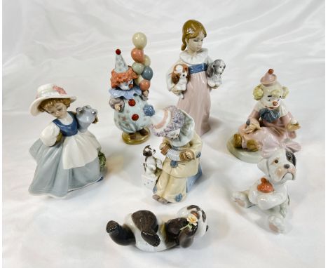 Five Lladro figures of children and animals; three similar Nao figures.