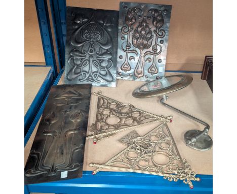 3 embossed Art Nouveau copper plaques; a circular brass wall mirror on adjustable bracket; a pair of 19th century Russian bra