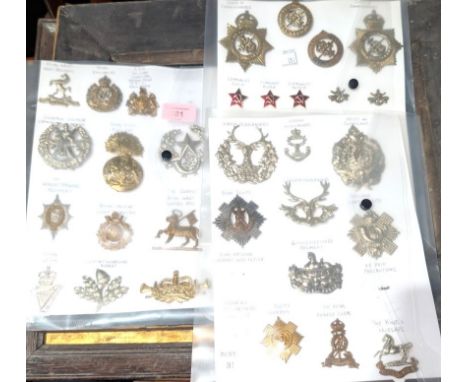 A collection of various military cap badges including Royal Scots, Royal Marine Light Infantry etc