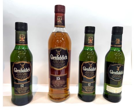 Three x 35cl bottles of 12-year Glenfiddich, single malt, boxed; a 70cl bottle of Glenfiddich single malt Scotch whisky, 15 y