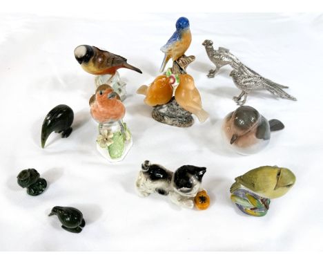A Royal Copenhagen robin and other china birds and miniature figures, etc.