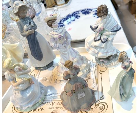 3 Coalport limited edition figures with certificates: Goose Girl, Visiting Day, Golden Age, 3 other Coalport ladies and a Nao