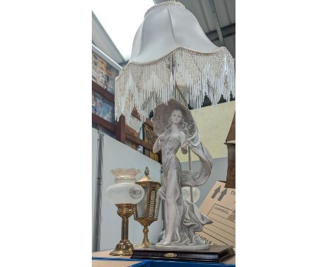 A large resin table lamp with young woman with parasol and tasselled shade, and three other table lamps.