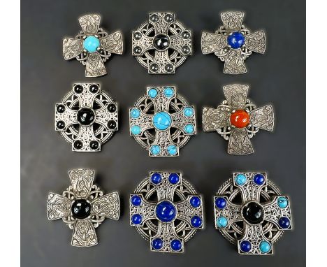 9 brooches in the Celtic cross design, each set with circular hard stones, blue, turquoise, black, brown and haematite, gross