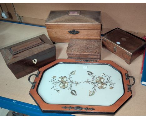 A 19th century sarcophagus tea caddy (interior a/f); a brass bound box and a glass tray with needlework inset.