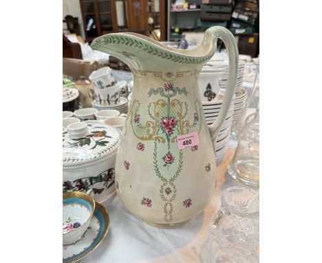 A large Victorian jug with Danica floral decoration; a pottery cake stand; a Victorian light shade.