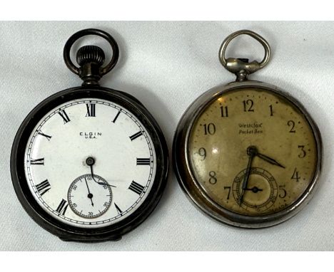 An Elgin hallmarked silver open-faced keyless gents pocket watch; a Westclox open-faced keyless pocket watch (no winder).