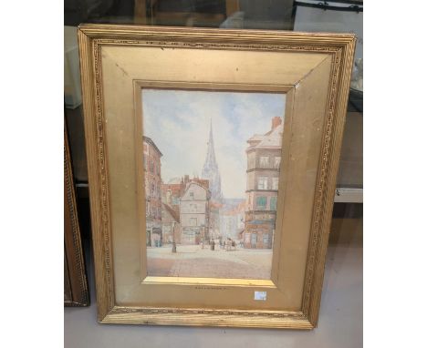 David Roberts, R. A. (1847), watercolour street scene with abbey in the background, gilt framed, 30x20cm.. Signed.