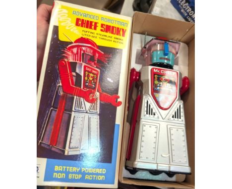 A Chief Smoky battery-operated tinplate robot, 'Advanced Robotman', produced by Ha Ha Toy, boxed.