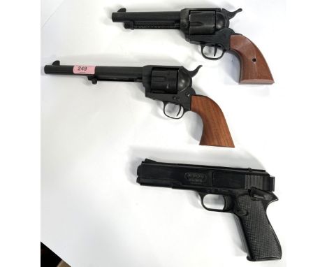 Three air pistols, A Colt single action Army, anther revolver and a G-10