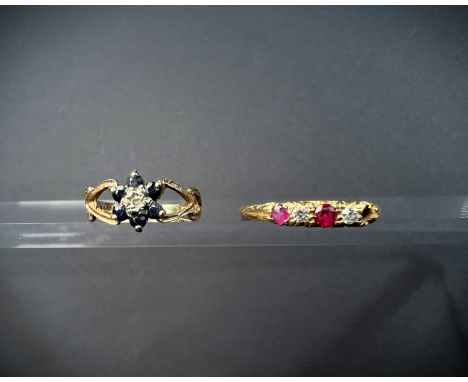An 18ct hallmarked gold ''gypsy'' style ring with 2 diamonds and 2 rubies (space for one missing ruby) 2.7gm; a 9ct gold gem 