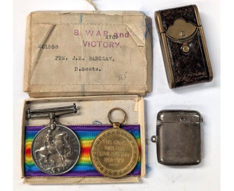 A WW1 pair of medals to 201558 Pte J. R Barclay R. Scots, original box and unused ribbons; a silver vesta case and another