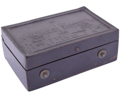 A mid-19th century composition pictorial musical snuffbox,Playing two airs, tunesheet, movement under dustcover, impressed sc