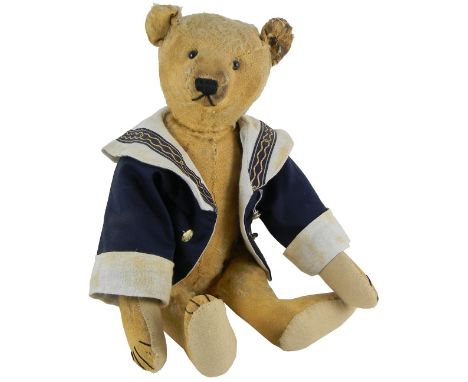 Golden mohair Steiff Teddy bear, German circa 1909, straw filled bear with elongated nose, hump to back and long arms with la