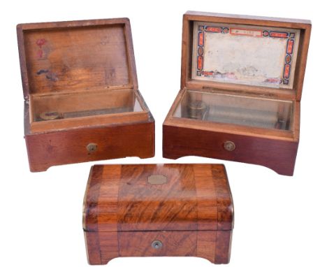 A group of late 19th century/early 20th century small musical boxes:The first by Mermod Frerés, 4 airs colour cherub tuneshee