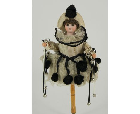 Bisque head Pierrot marotte toy, German circa 1910, the Schoenau & Hoffmeister bisque head with glass eyes, open mouth, upper