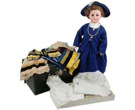 Simon & Halbig DEP bisque head doll on rare lady body, with trunk, German circa 1910, with weighted blue glass eyes, lashes a