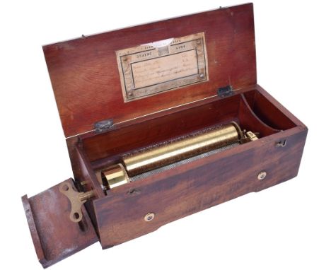 An early key-wind musical box, by Langdorff,Circa 1855, Ser. No. 696[5 or 6], playing four airs, tunesheet, single-section co