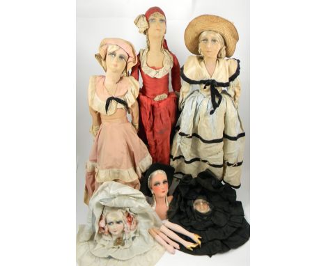 Three Boudoir dolls, 1920s, the first cloth doll with stockinette head, painted doe eyes, turned up nose and mouth, blonde si