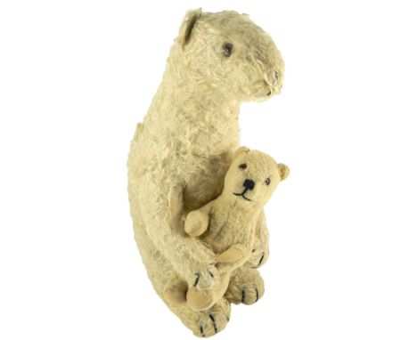 ‘Ivy & Bramus’ Deans Rag Book Polar bears, English 1950s, the seated long white mohair  Ivy with plastic eyes, stitched nose,