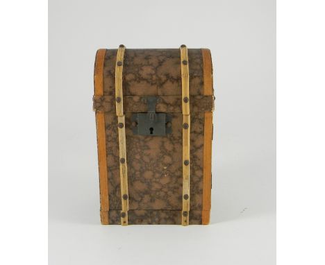 Rare small trunk for Mignonette doll, French circa 1880, wooden trunk with faux leather  exterior , bamboo struts and carry h
