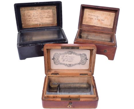 A group of three late 19th century small musical boxes:The first playing 3 airs including a good notated version of the Anvil