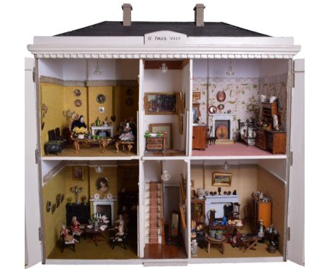 St Paul’s Villa a painted wooden dolls house and contents, English late 19th century, the stone painted brick effect exterior