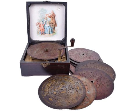 A small 5.3/4-inch Symphonion hand-crank disc musical box,Style 28, with single comb, perimeter cog drive, colour lithograph 