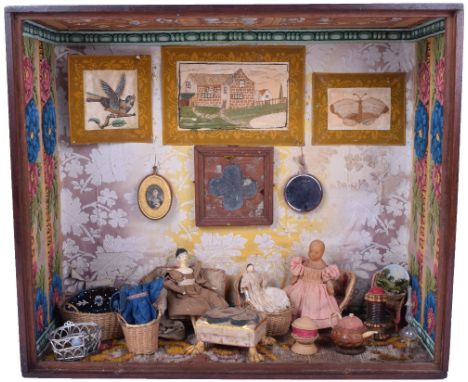 Early cased room-set with Grodner Tal doll, baby and bees wax doll, circa 1830, the room-set with original floral papers and 