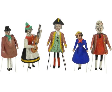 Five rare 19th century Erzgebirge Bristle Piano Dancing dolls, brightly painted suspended figures with moving legs, guitar pl