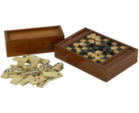Miniature dominos and checkers boxed games for fashion doll, circa 1890, twenty-six bone dominos in wooden box with sliding l