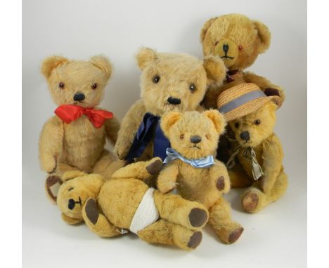 Six Teddy bears, mostly 1950s, including two Chad Valley bears, one with glass eyes, both with rexine paw pads, an English go