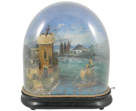 Musical Rocking Ship Automata, German circa 1890, with painted blue card sea with three mast ship, rocky shoreline with folia