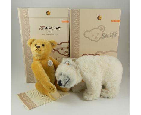 Two Steiff Limited Edition Teddy Bears, Teddy Bear 1908 and Knut Polar Bear Masterpiece, Teddy Bear, yellow 35cm, 406751 whit