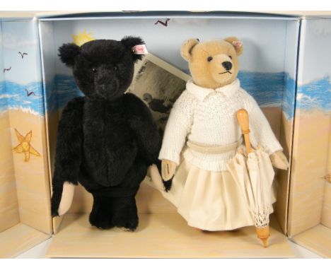 Steiff Limited Edition Pat & Nora, Black 33cm and blond 32cm for Sue Pearson of Brighton England, 66071 white tags, 00044 of 